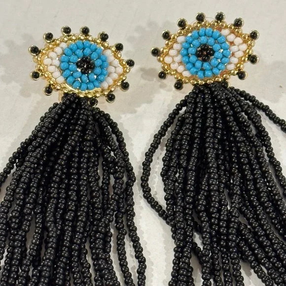 Black and Blue Tassel Earrings with Gold Accents - Picture 2 of 3